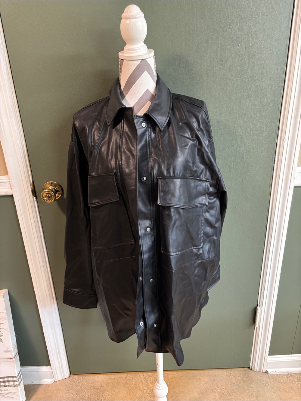 Zara Black Faux Leather Military-Style Field Jacket